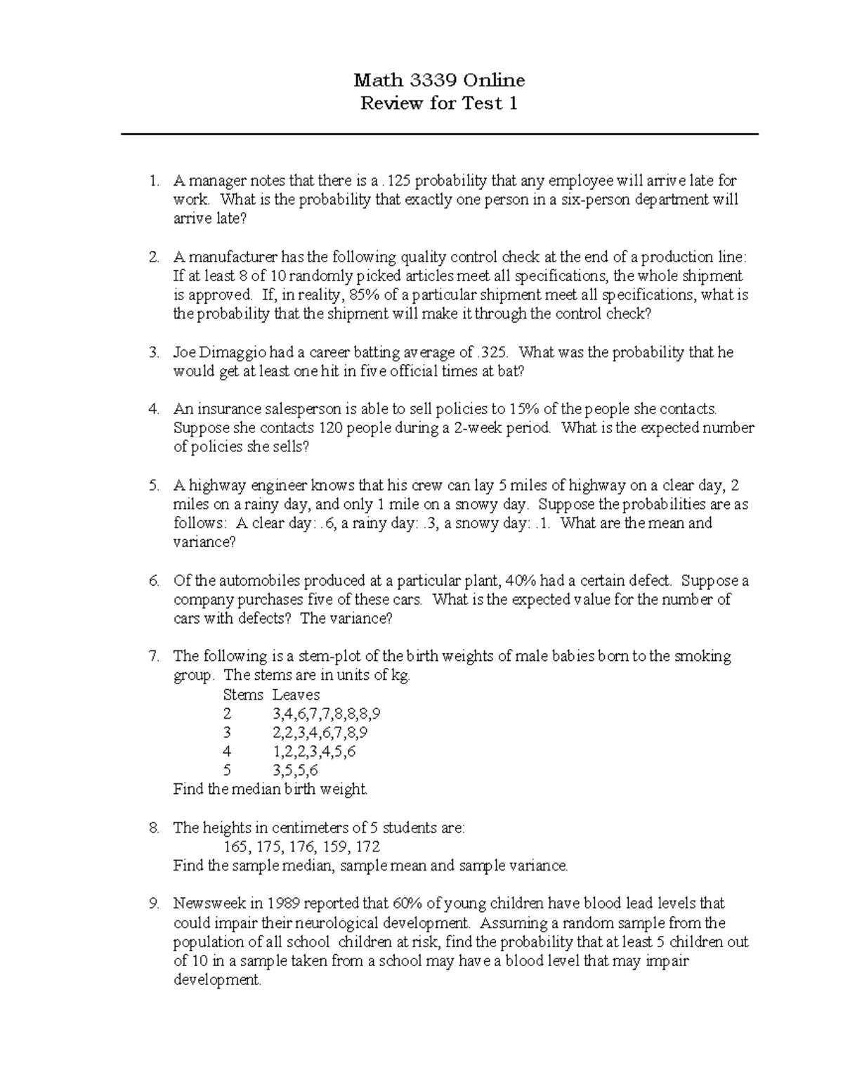 3339Test1Review - refe - Math 3339 Online Review for Test 1 A manager ...