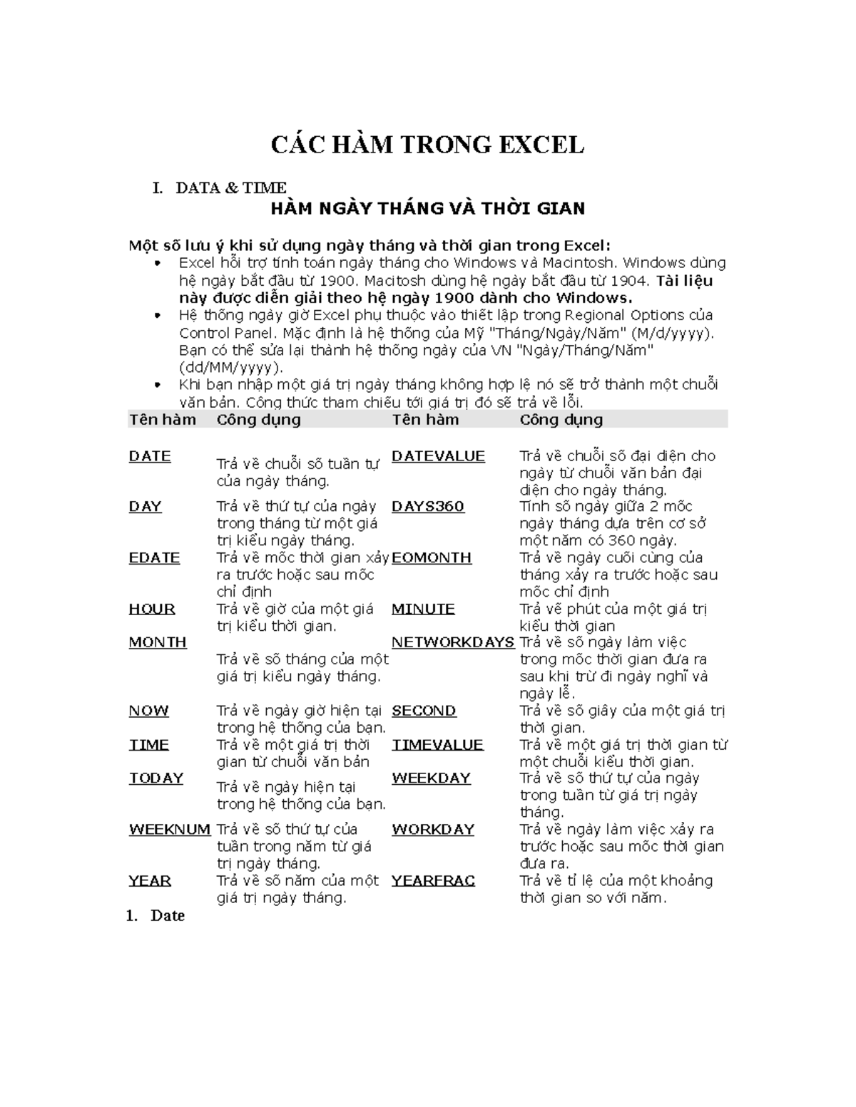 CAC HAM Trong Excel - bài học - CÁC HÀM TRONG EXCEL I. DATA & TIME HÀM ...