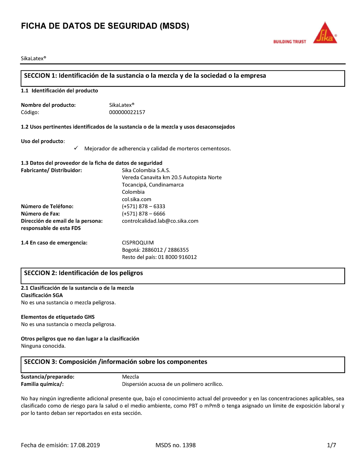 Co-hs Sikalatex Sikalatex R - FICHA DE DATOS DE SEGURIDAD (MSDS ...