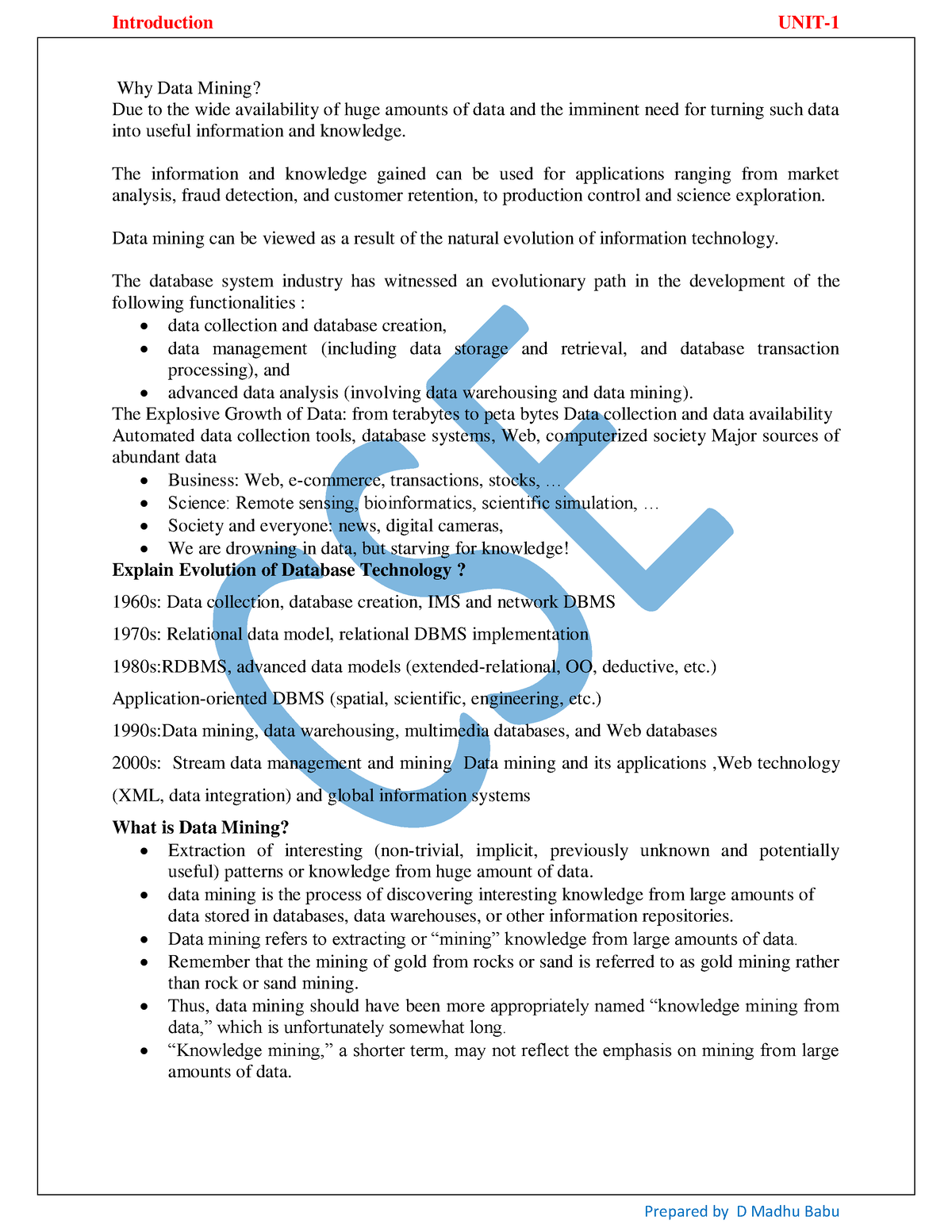 DWDM UNIT I - Notes - Why Data Mining? Due To The Wide Availability Of ...