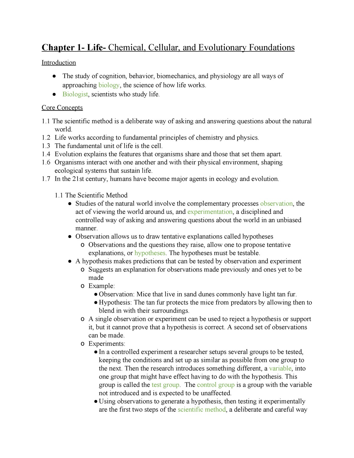 Biology Notes - Chapter 1- Life- Chemical, Cellular, and Evolutionary ...