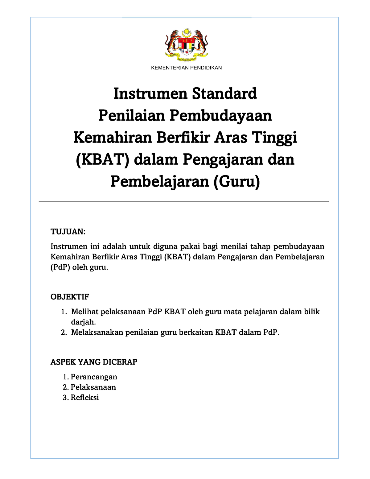 Instrumen Standard Penilaian Pembudayaan Kbat Instrumen Standard