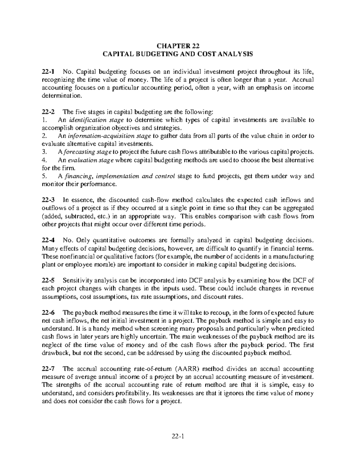 Cost17EChapter 22 Solutions - CHAPTER 22 CAPITAL BUDGETING AND COST ...