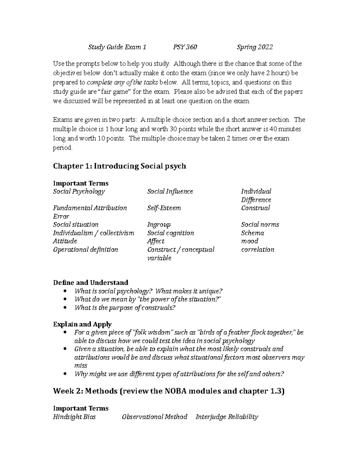 Study Guide Exam 1 PSY 360 Spring 2022 - Study Guide Exam 1 PSY 360 ...