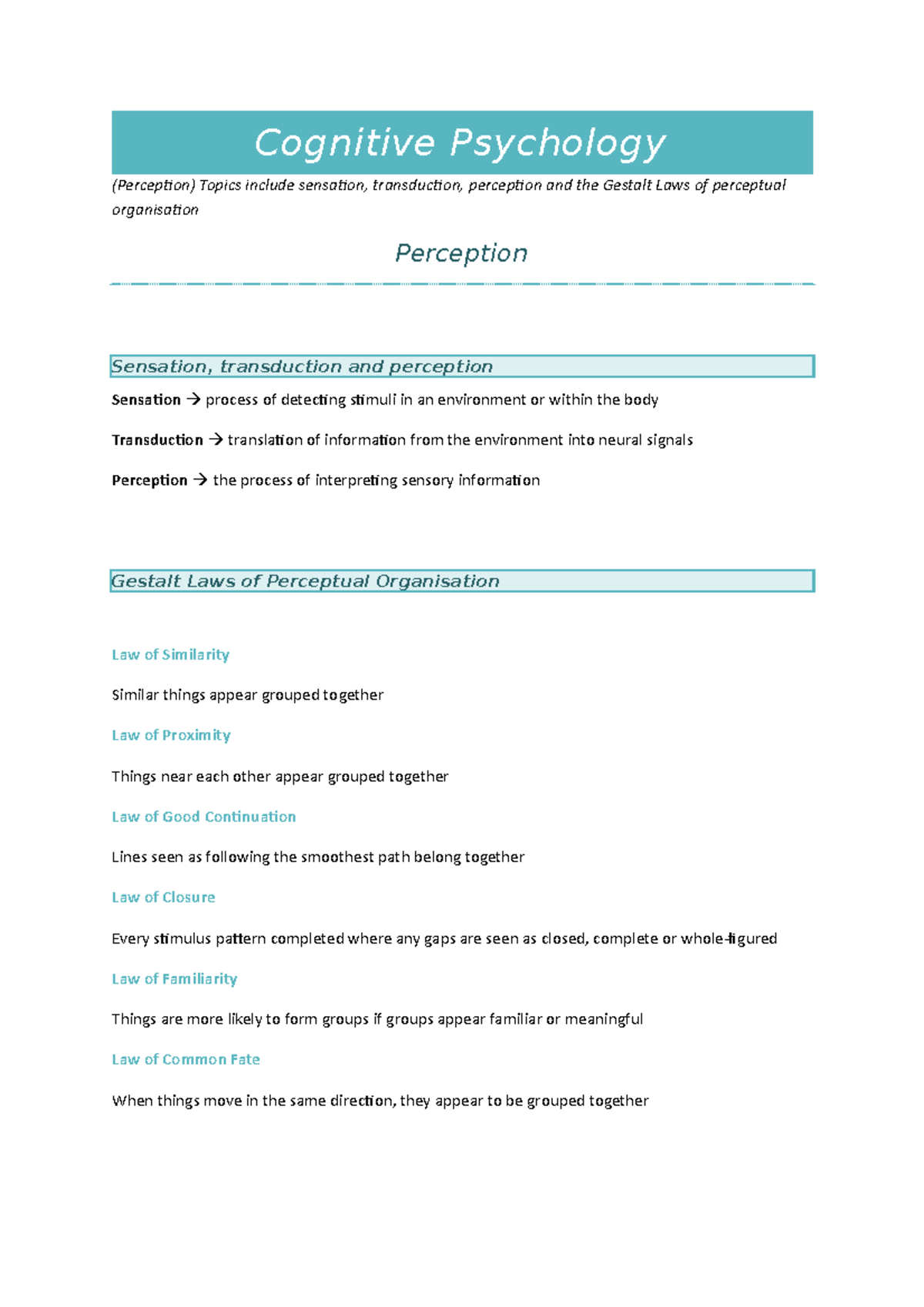 Cognitive Psychology 2 - Cognitive Psychology (Perception) Topics ...