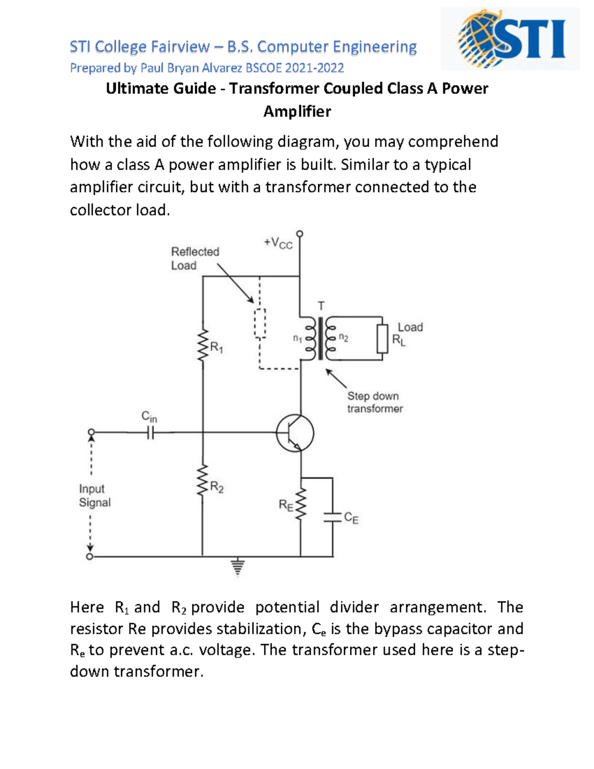 Ultimate Guide Transformer Coupled Class A Power Amplifier Prepared by Paul Bryan Alvarez