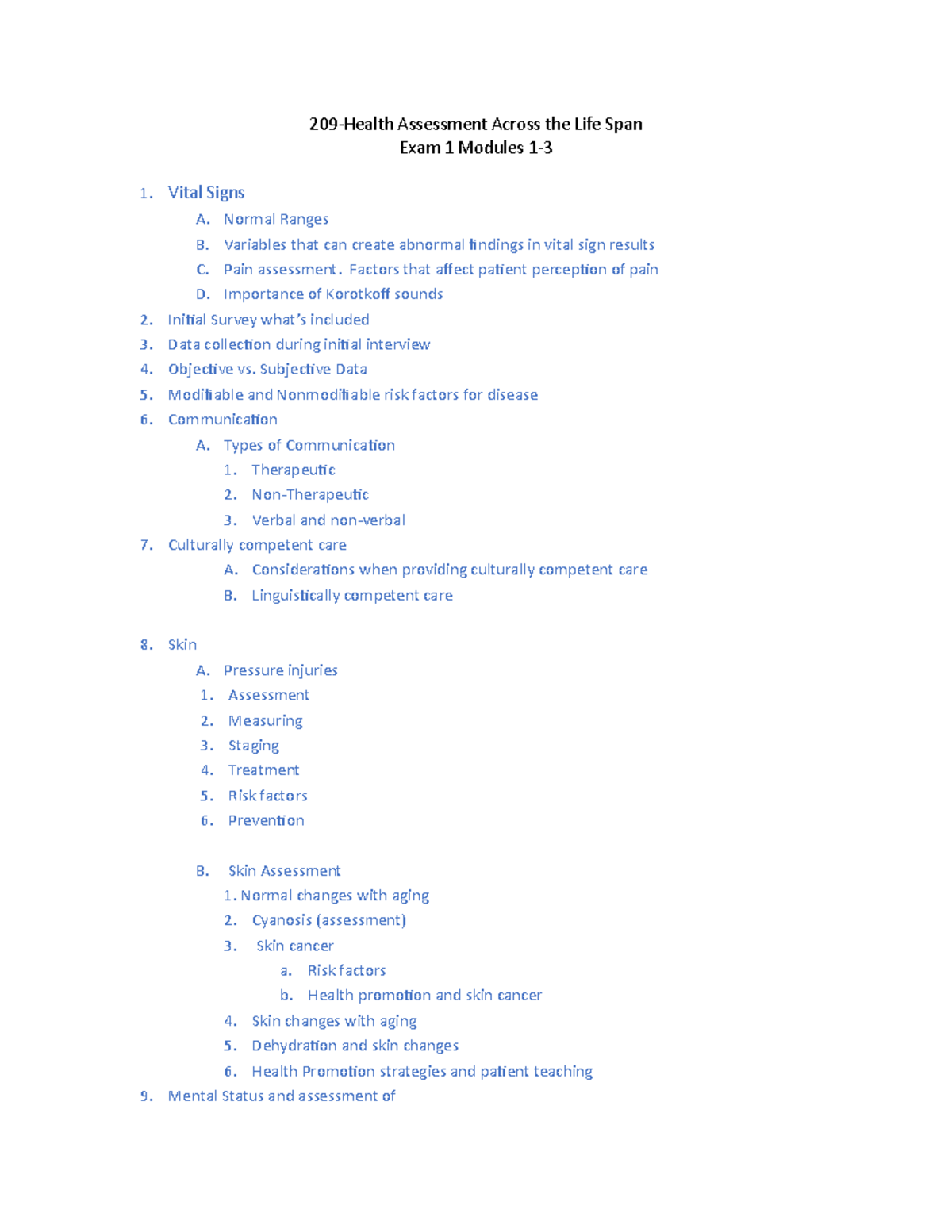 209 Exam 1 Outline - blueprint - 209-Health Assessment Across the Life ...