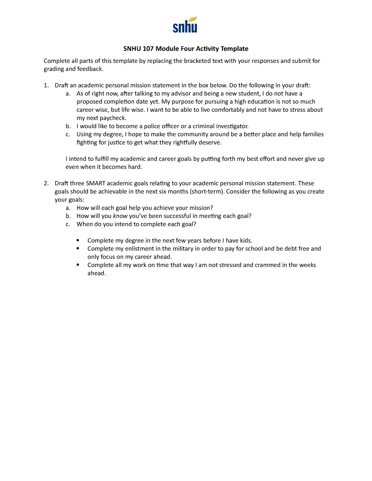 4 2 Activity Mission Statement and Goals SNHU 107 Module Four