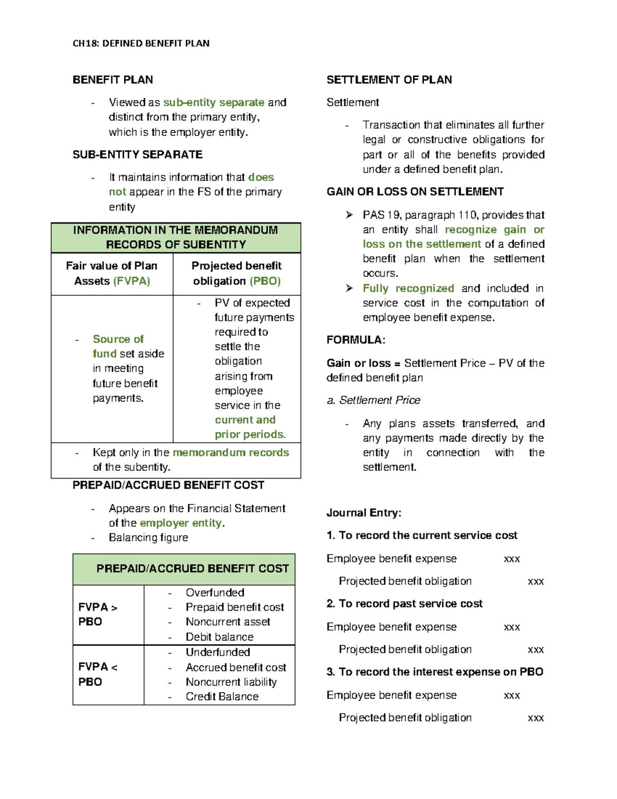 CH18 Defined Benefit PLAN CH18 DEFINED BENEFIT PLAN BENEFIT PLAN