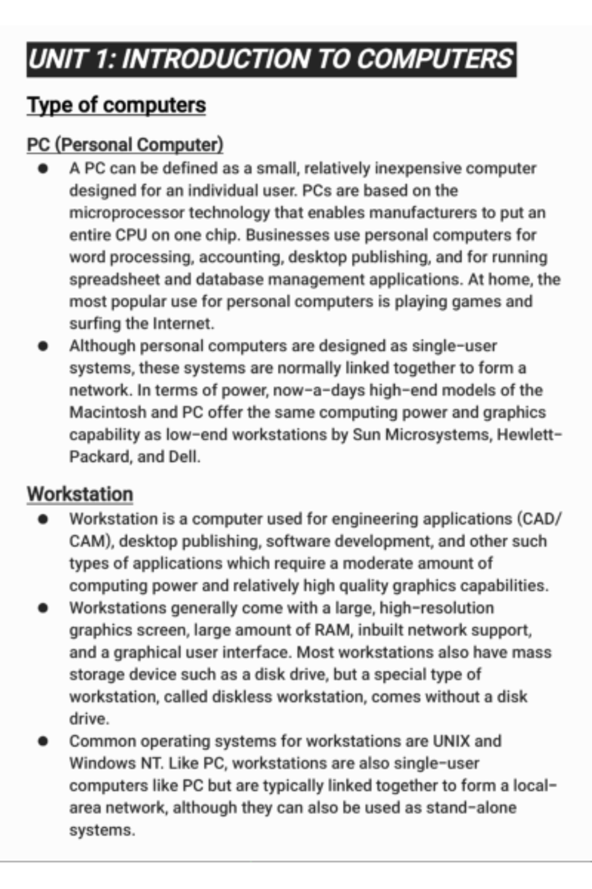 Introduction to computer - UNIT 1: INTRODUCTION TO COMPUTERS Type of ...