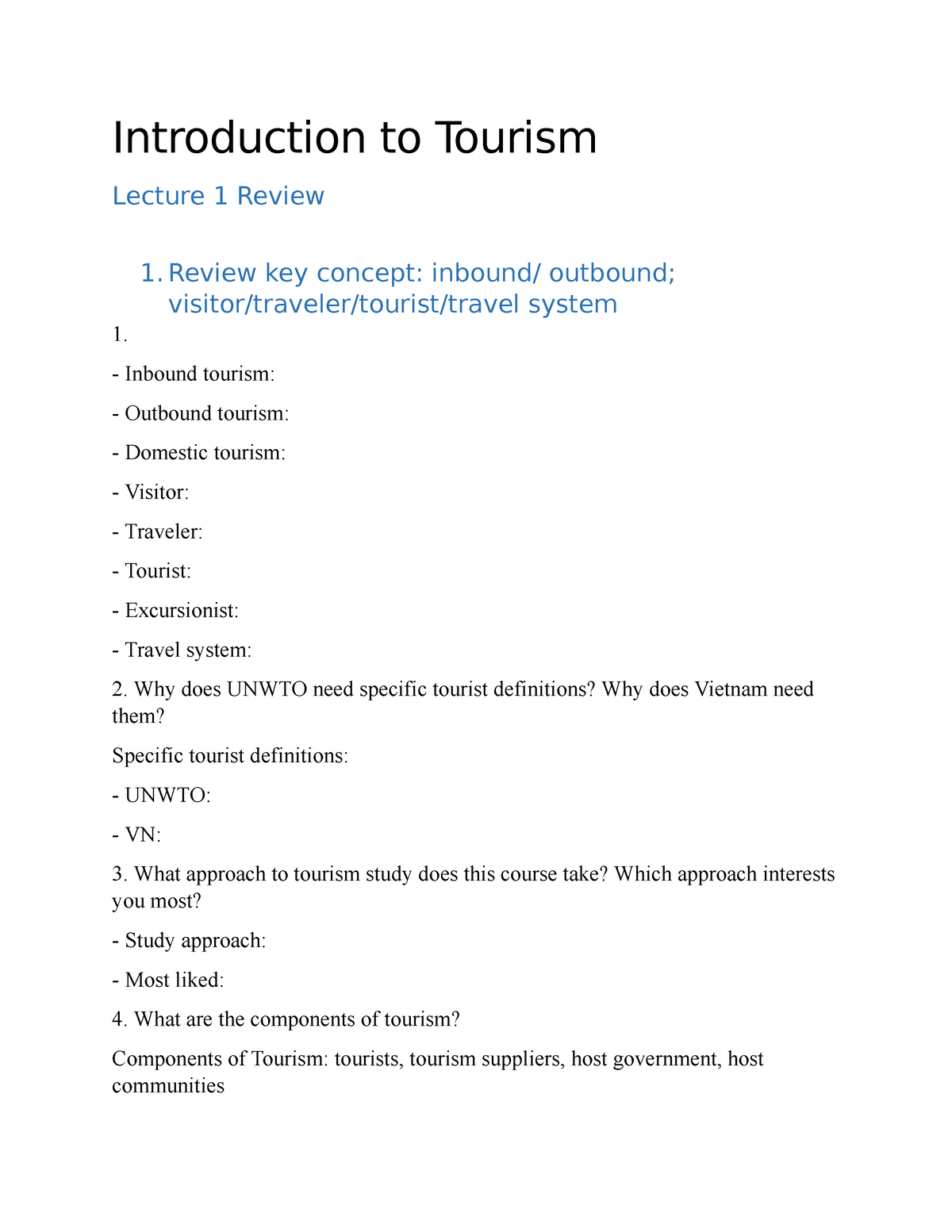 Introduction To Tourism - Introduction To Tourism Lecture 1 Review 1 ...