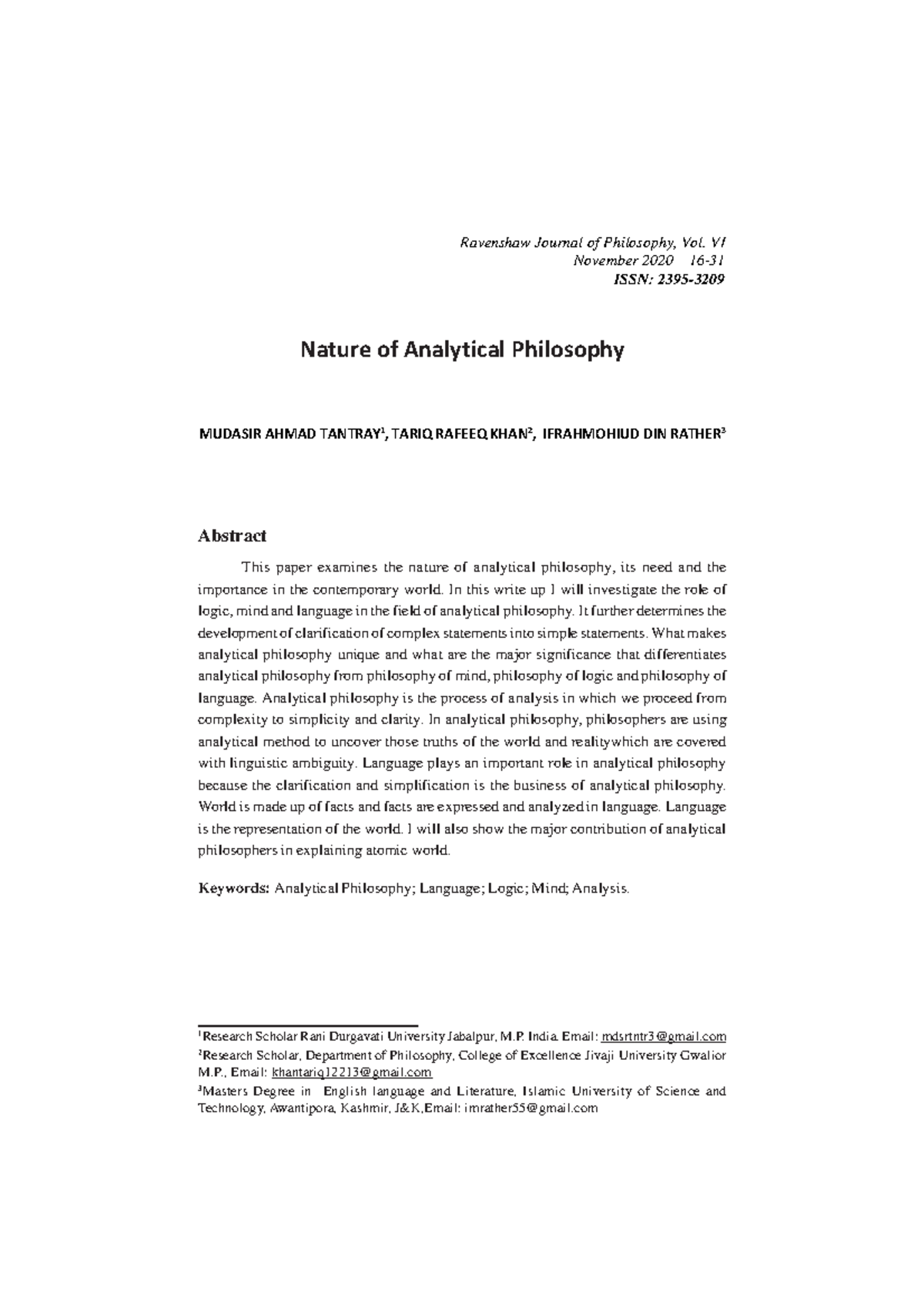 Nature OF Analytical Philosophy - MUDASIR AHMAD TANTRAY 1 , TARIQ ...