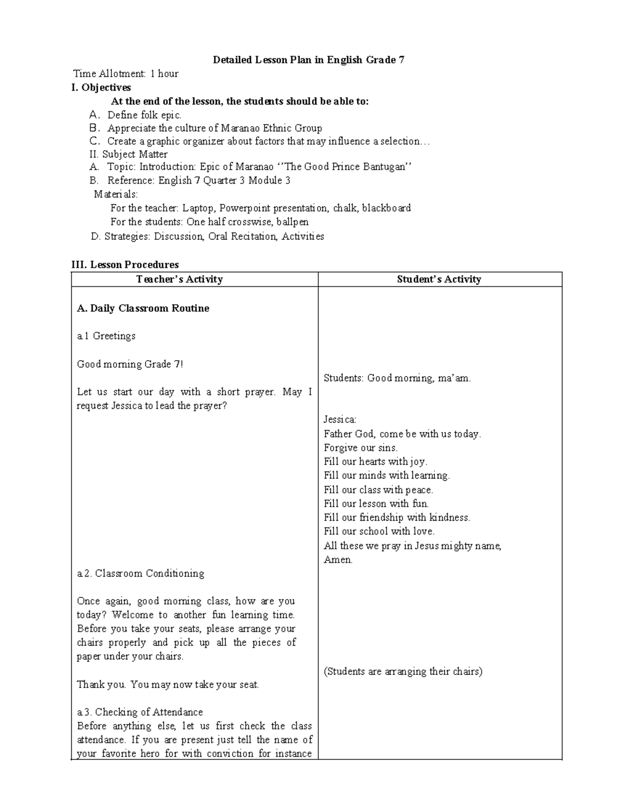 THE GOOD Prince Bantugan (DLP) - Detailed Lesson Plan in English Grade ...