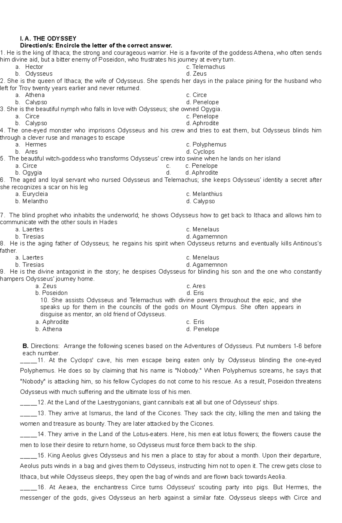 Sample QUIZ ON Grade 1O English - I. A. THE ODYSSEY Direction/s ...