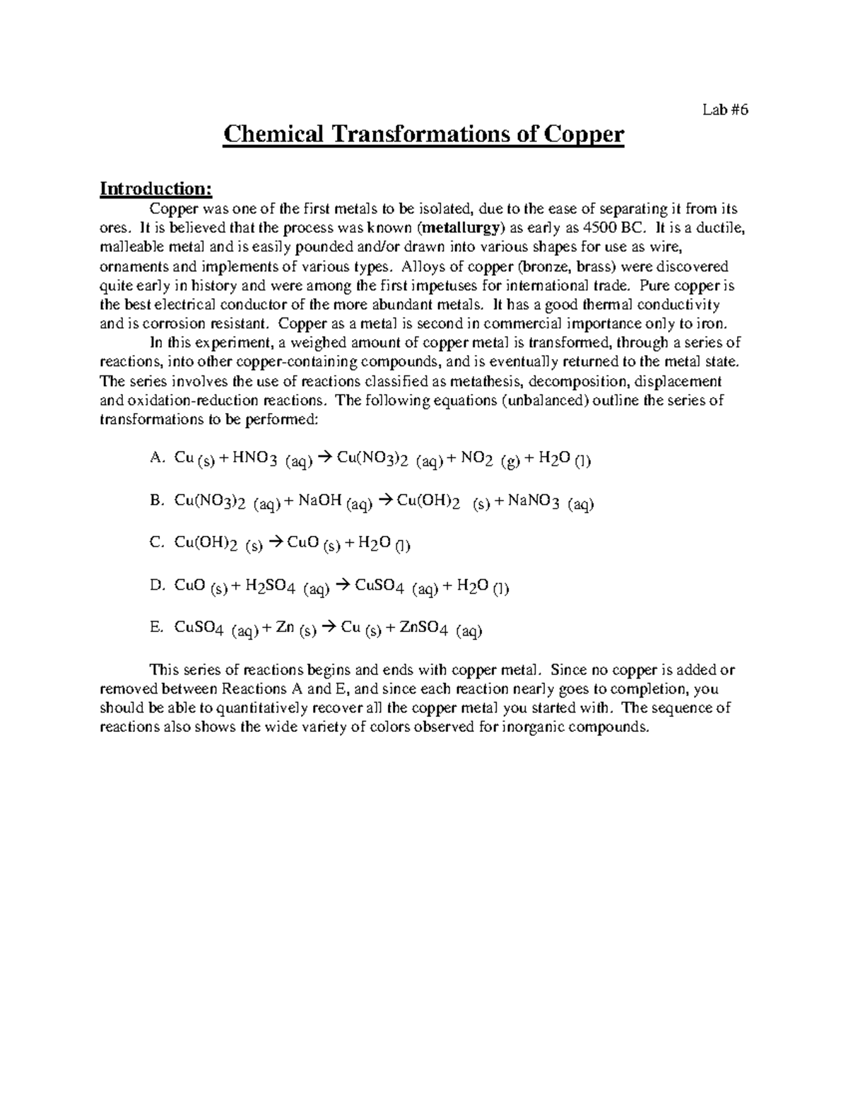 Cu Transformations - lab report - Chemical Transformations of Copper ...
