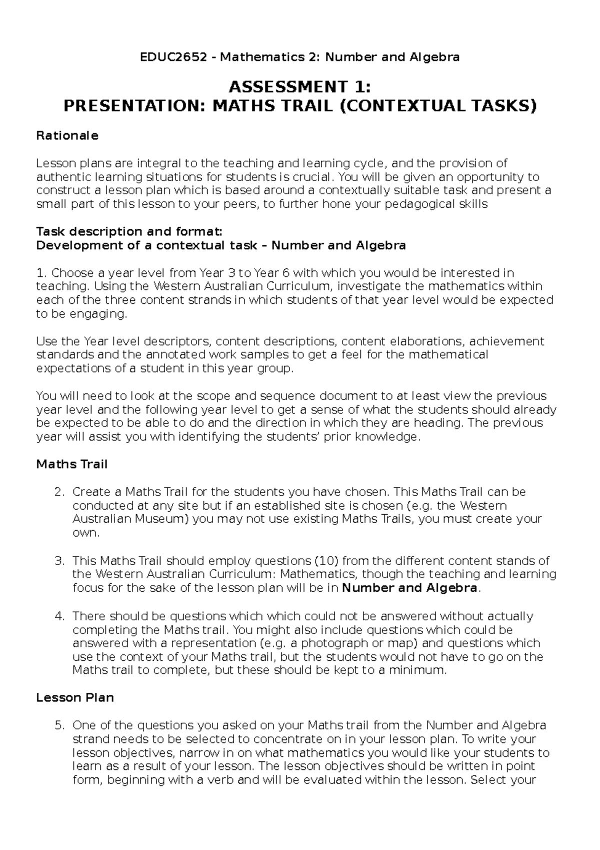 EDUC2652 - Maths 2 Assessment 1 - EDUC2652 - Mathematics 2: Number and ...