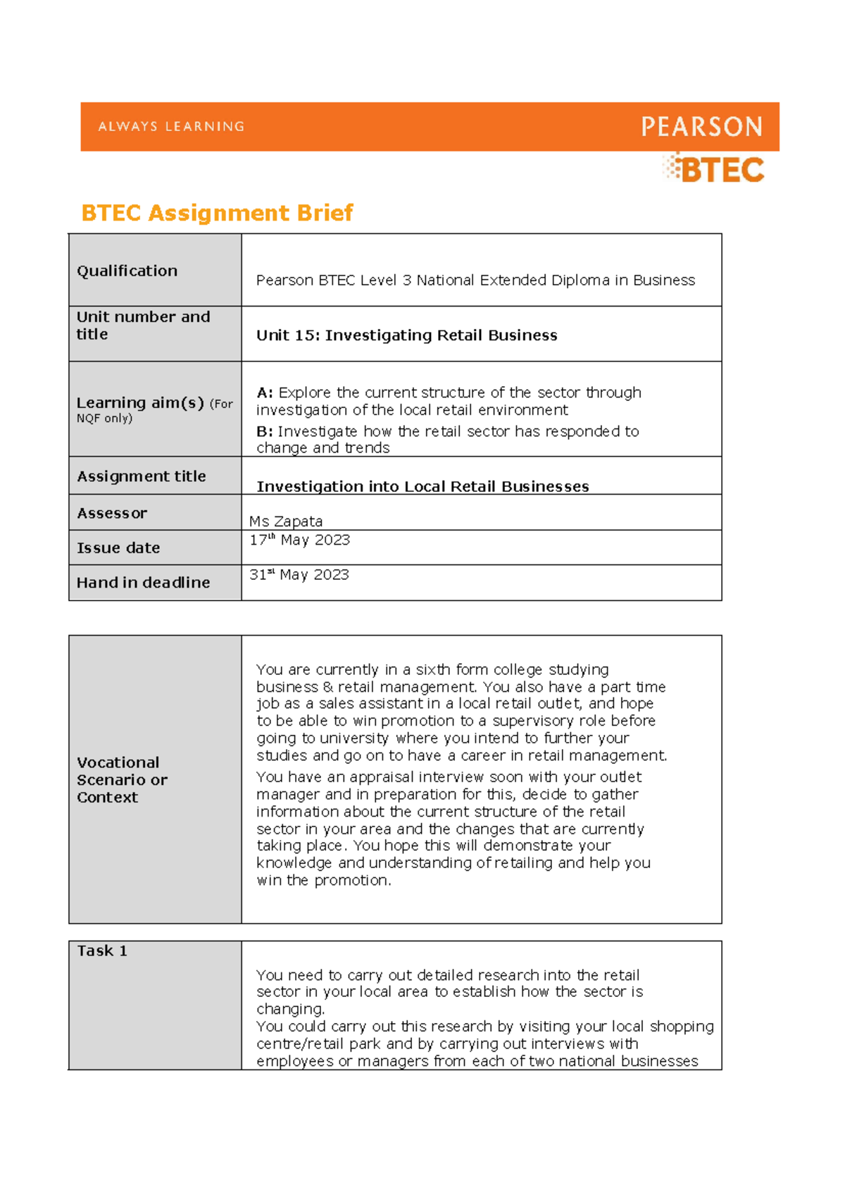 Unit 15 Assignmnment brief 1 - BTEC Assignment Brief Qualification ...