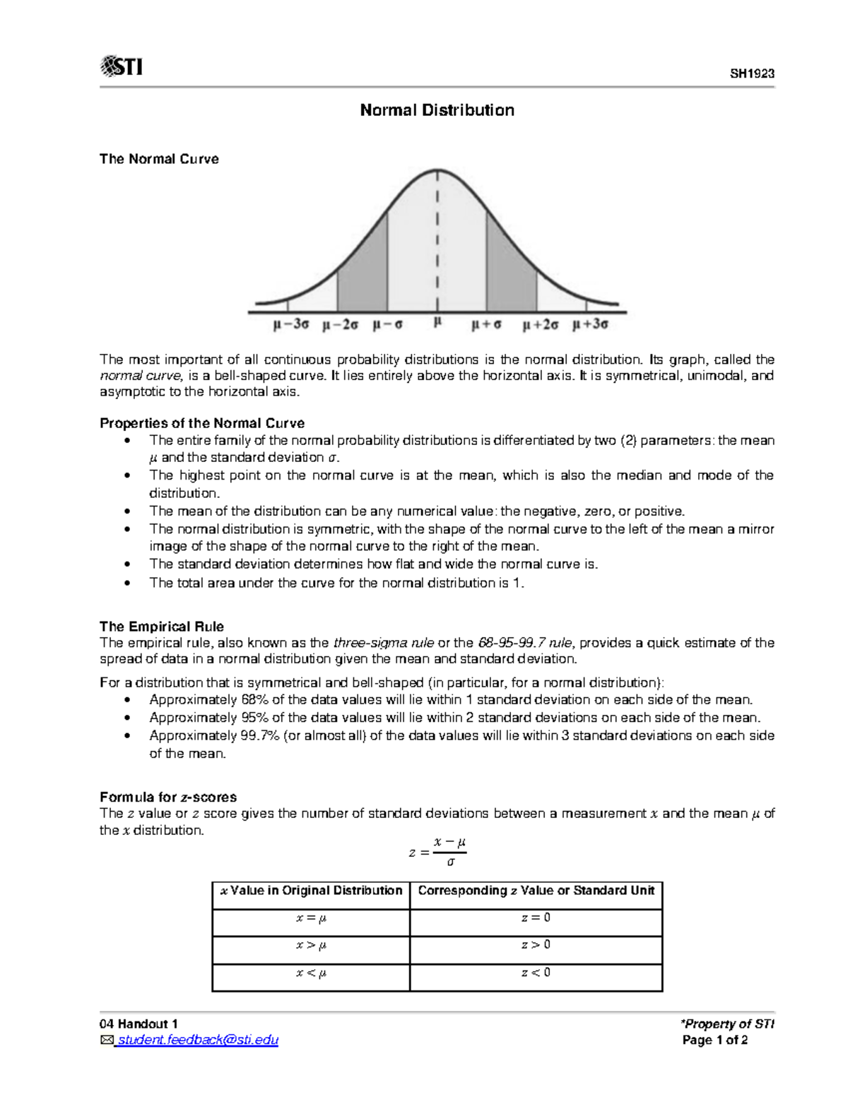 SH1923 - Statistics And Probability 04 Handout 1 - SH 04 Handout 1 ...