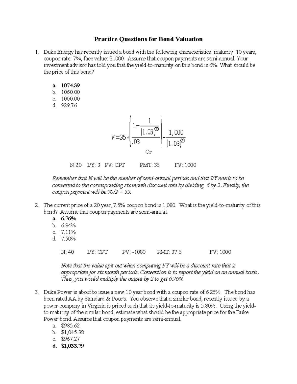 Practice Questions for Bond Valuation Solution - Practice Questions for ...