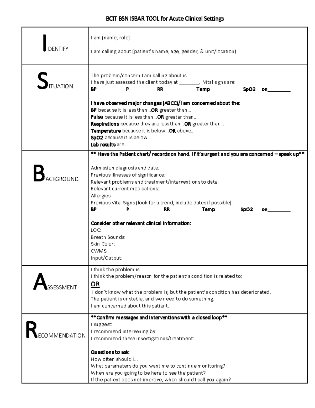 Isbar - BCIT BSN ISBAR TOOL for Acute Clinical Settings IDENTIFY I am ...