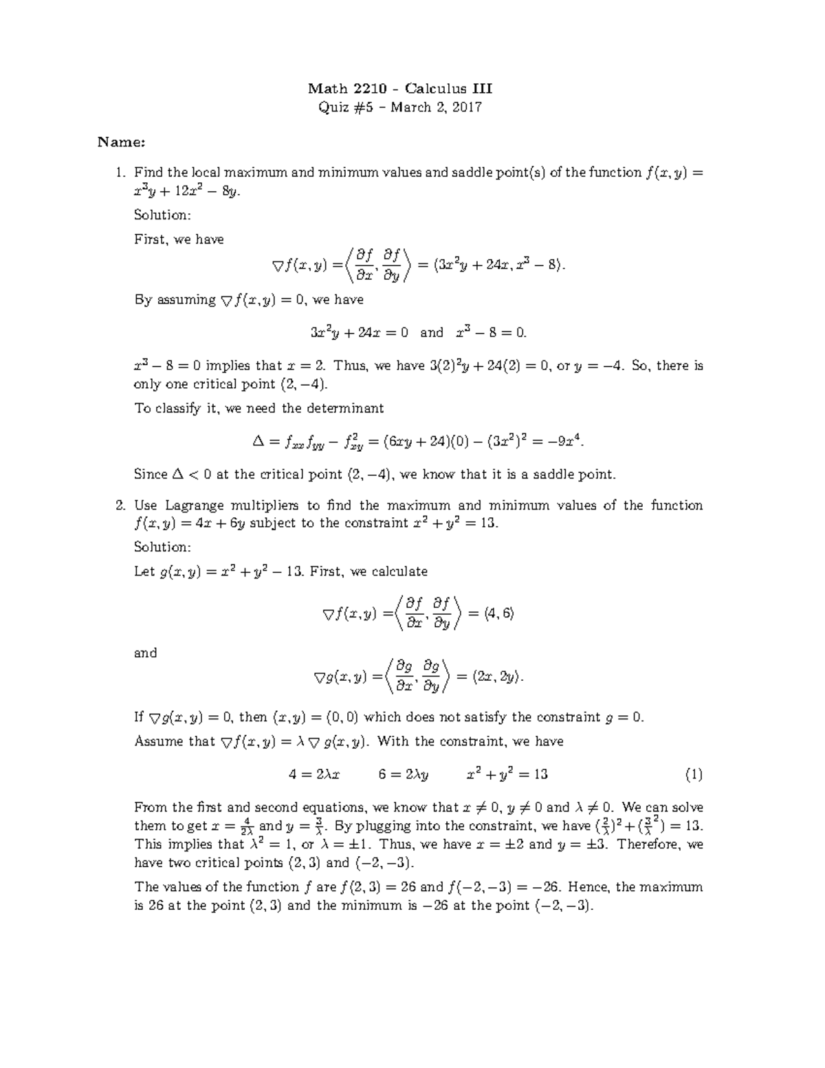 2210 04 Sp17 Quiz 5 - Calculus 2 - Quiz Week 5 - Math 2210 - Calculus ...