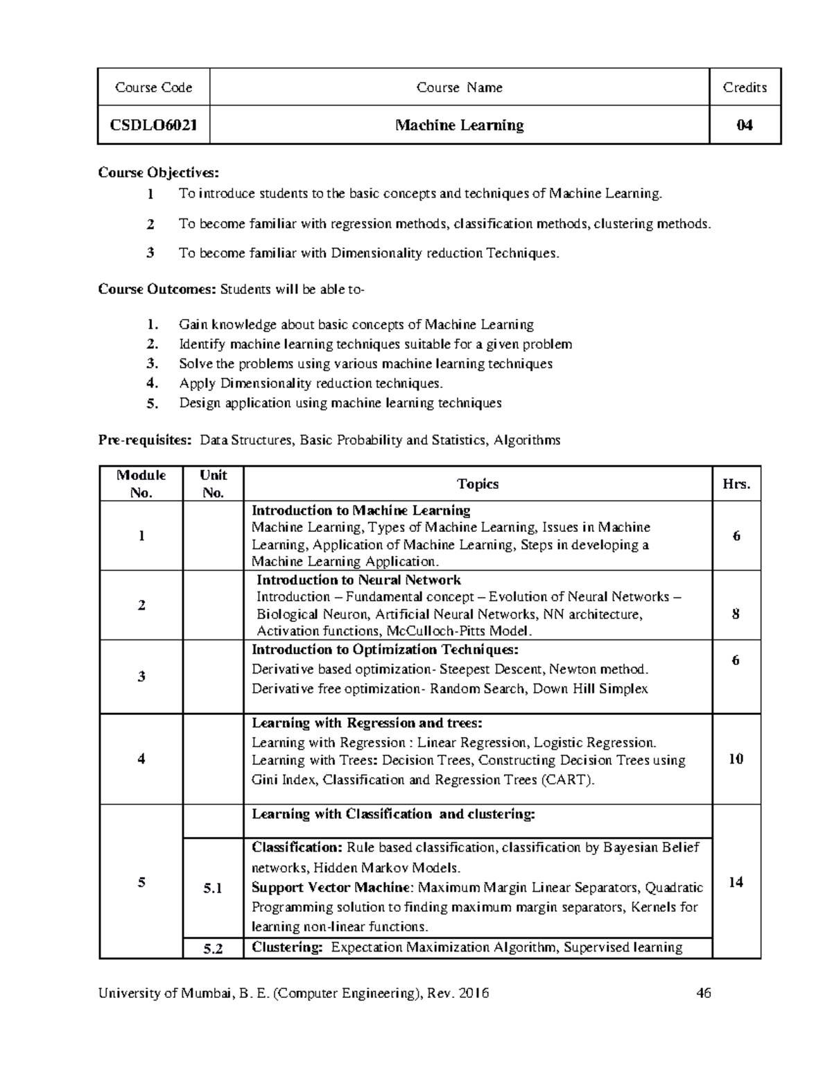Machine Learning Syllabus University of Mumbai, B. E.