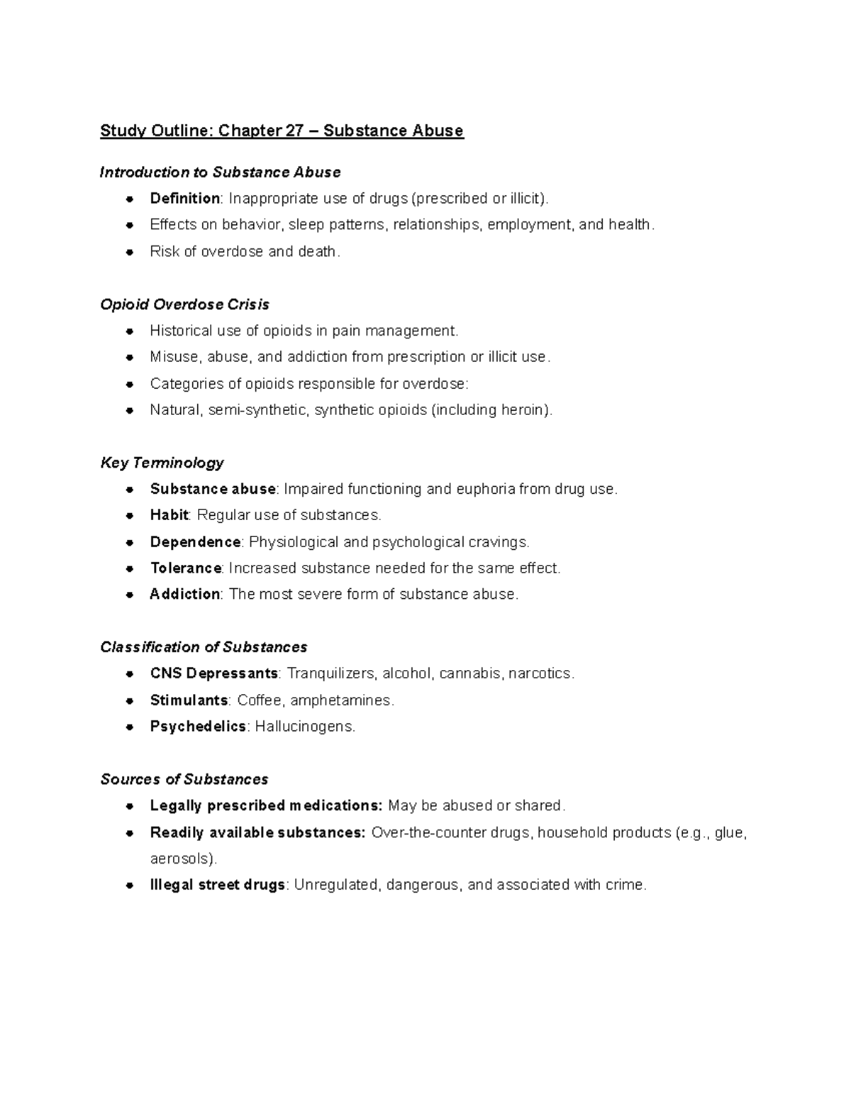 Chapter 27 Substance Abuse Google Docs Study Outline Chapter 27