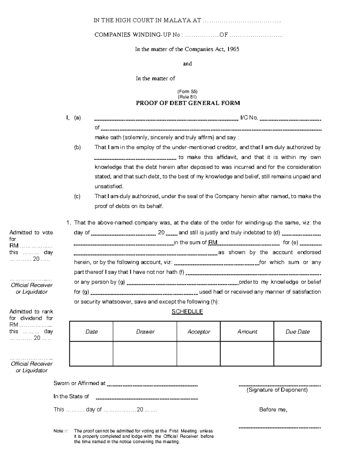 Proof of Debt (Form) - IN THE HIGH COURT IN MALAYA AT