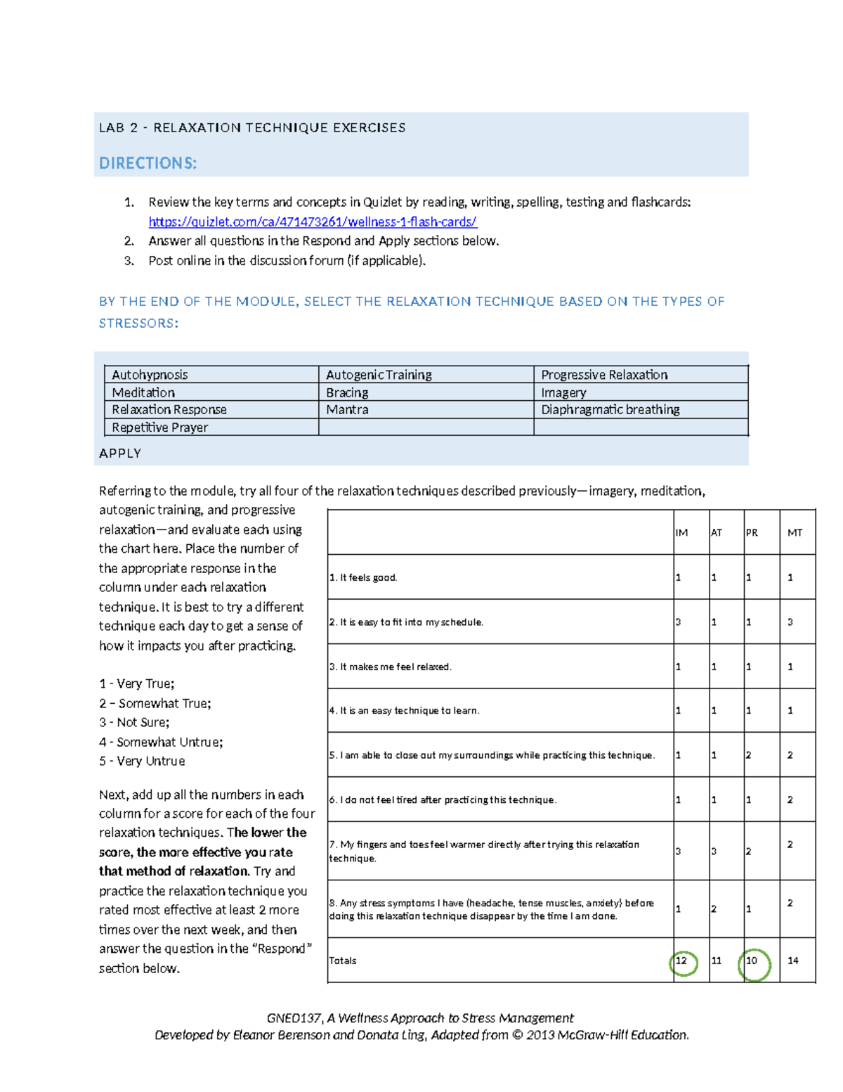 GNED 137 - Lab 2 - LAB 2 - RELAXATION TECHNIQUE EXERCISES DIRECTIONS: 1 ...