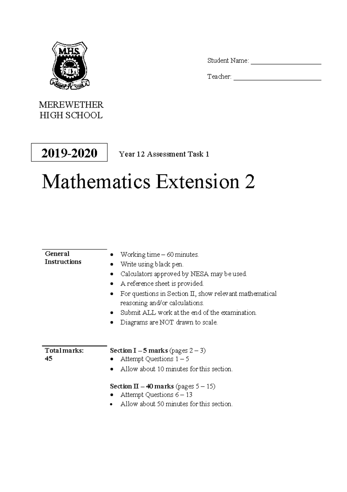 2019-2020 Y12 Ext 2 AT1 - AT1 - Mathematics Extension 2 General ...