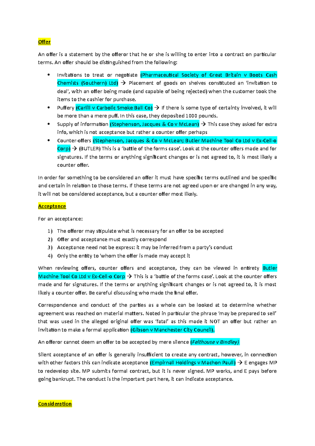 Contracts - Exam Notes - Offer An offer is a statement by the offeror ...