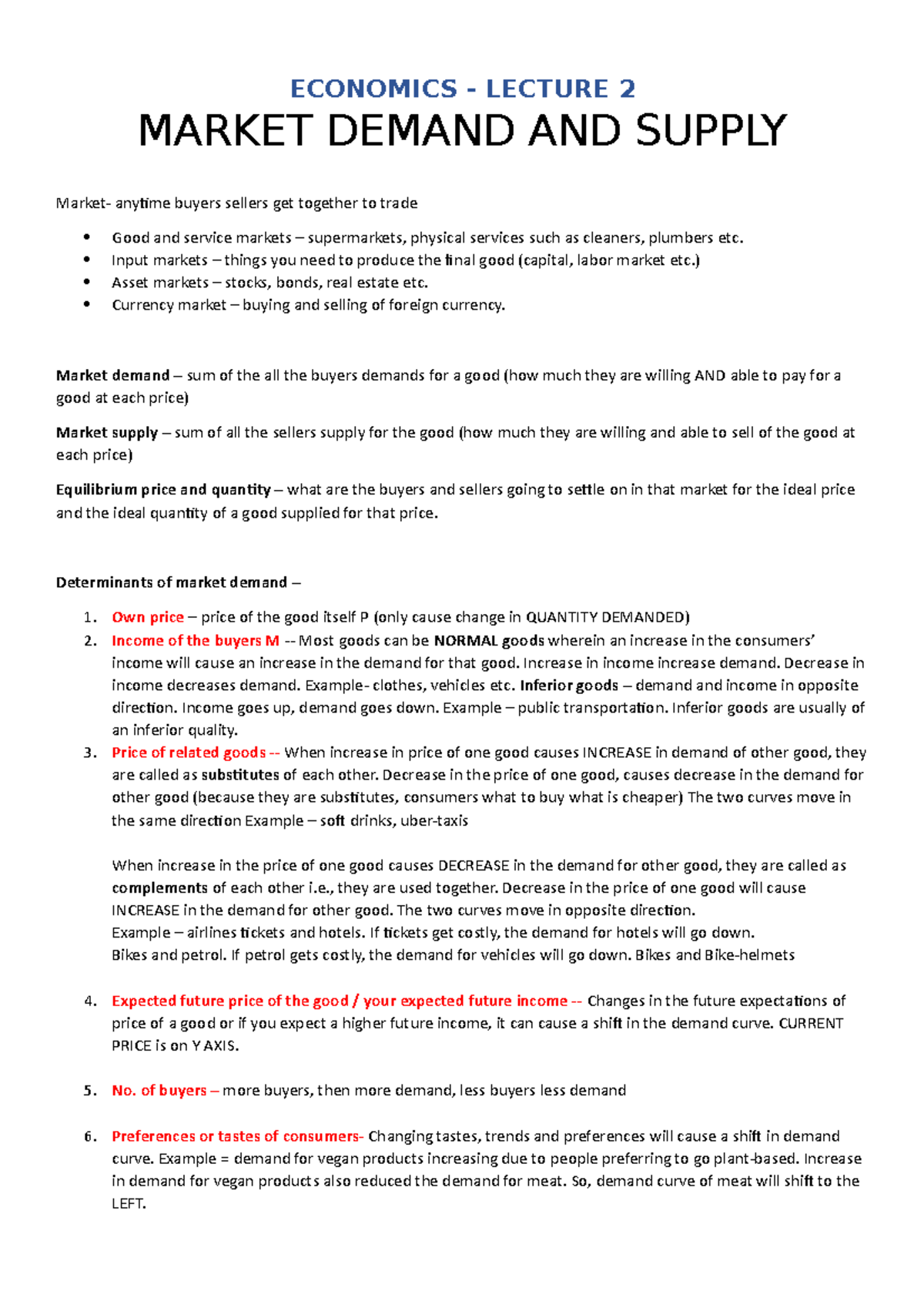 Eco Lecture 2 Notes - ECONOMICS - LECTURE 2 MARKET DEMAND AND SUPPLY ...