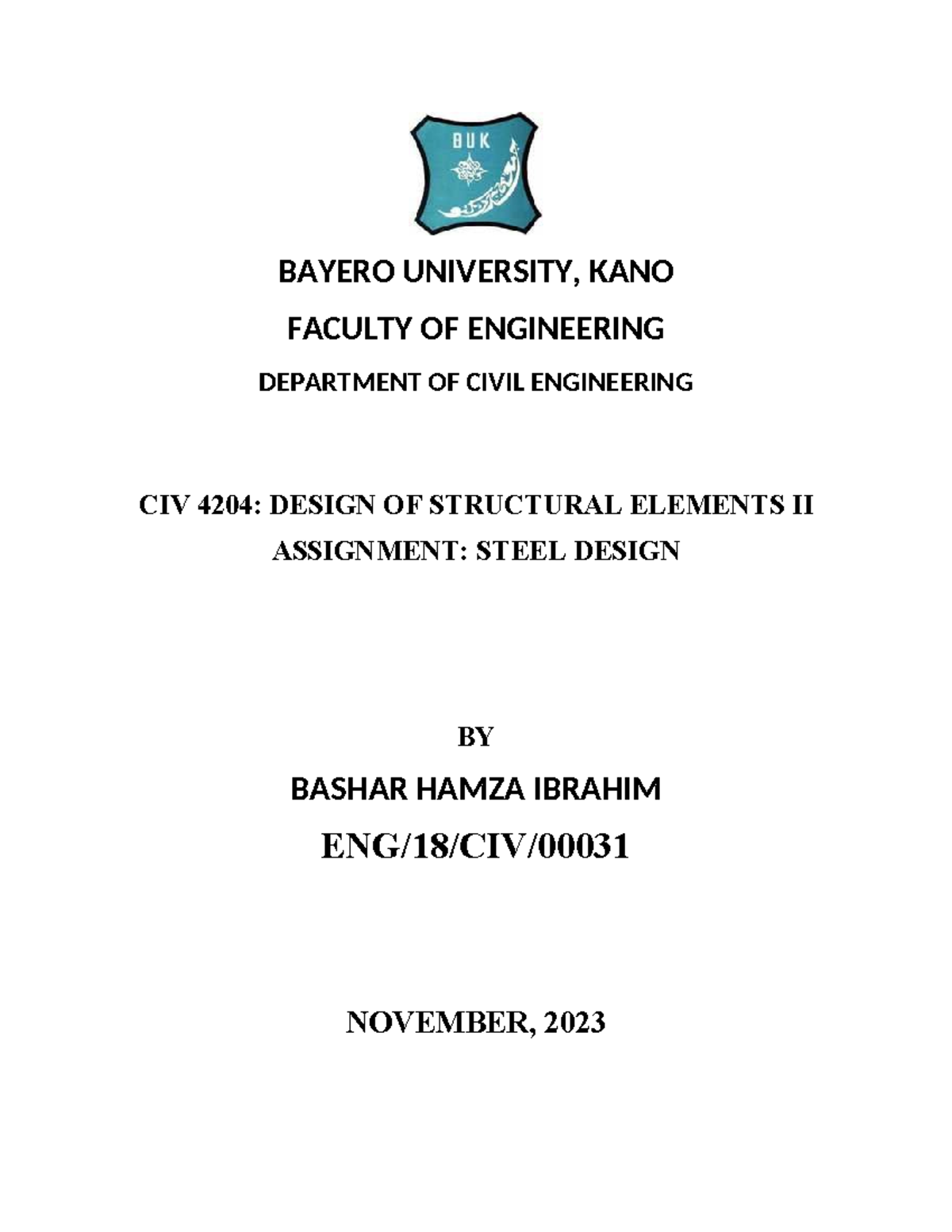 Bashar cover page - Technical report - Civil Engineering - BAYERO ...