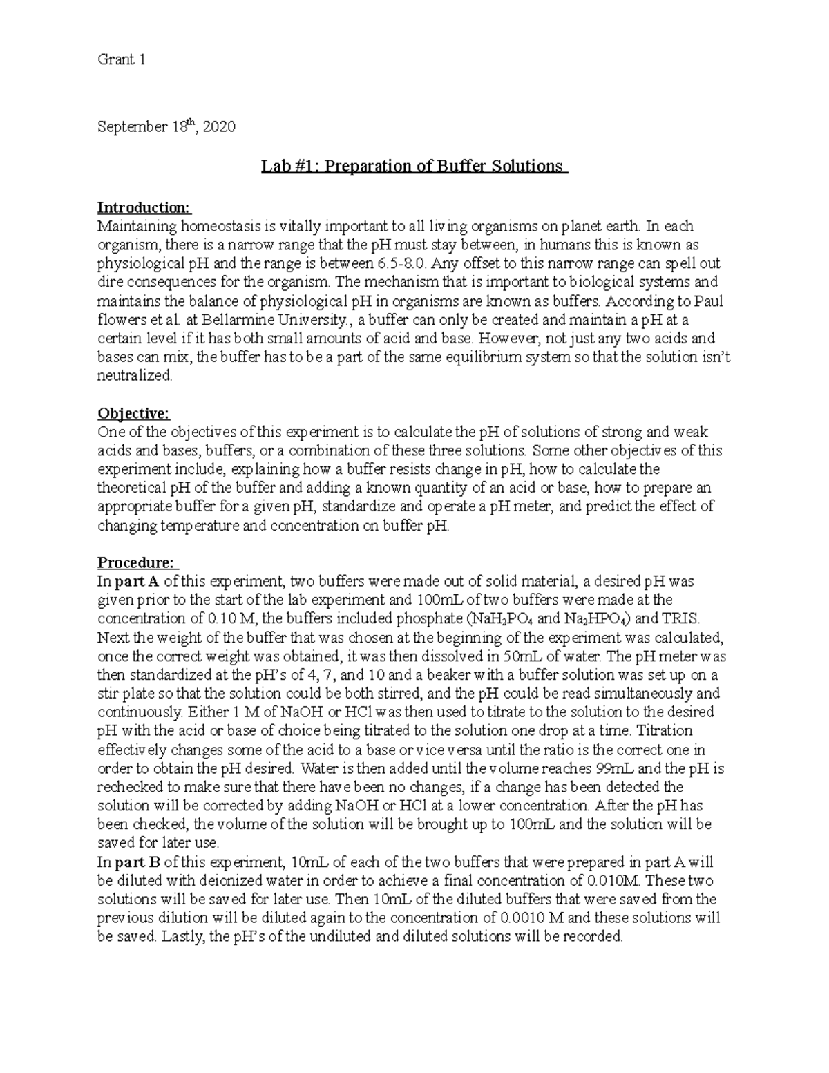 Lab 1 Prepration of Buffers Grant 1 September 18th, 2020 Lab 1