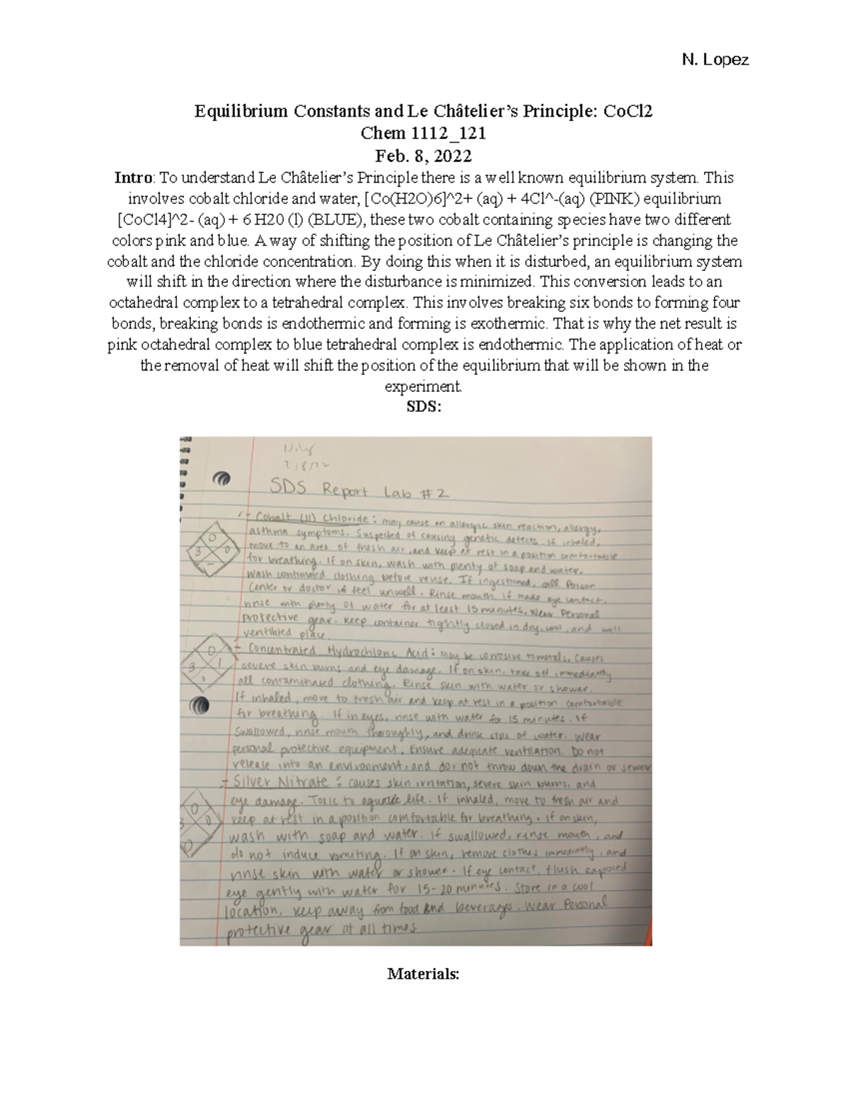 Lab report 2 chem It is on Equilibrium Constants and Le Châtelier's