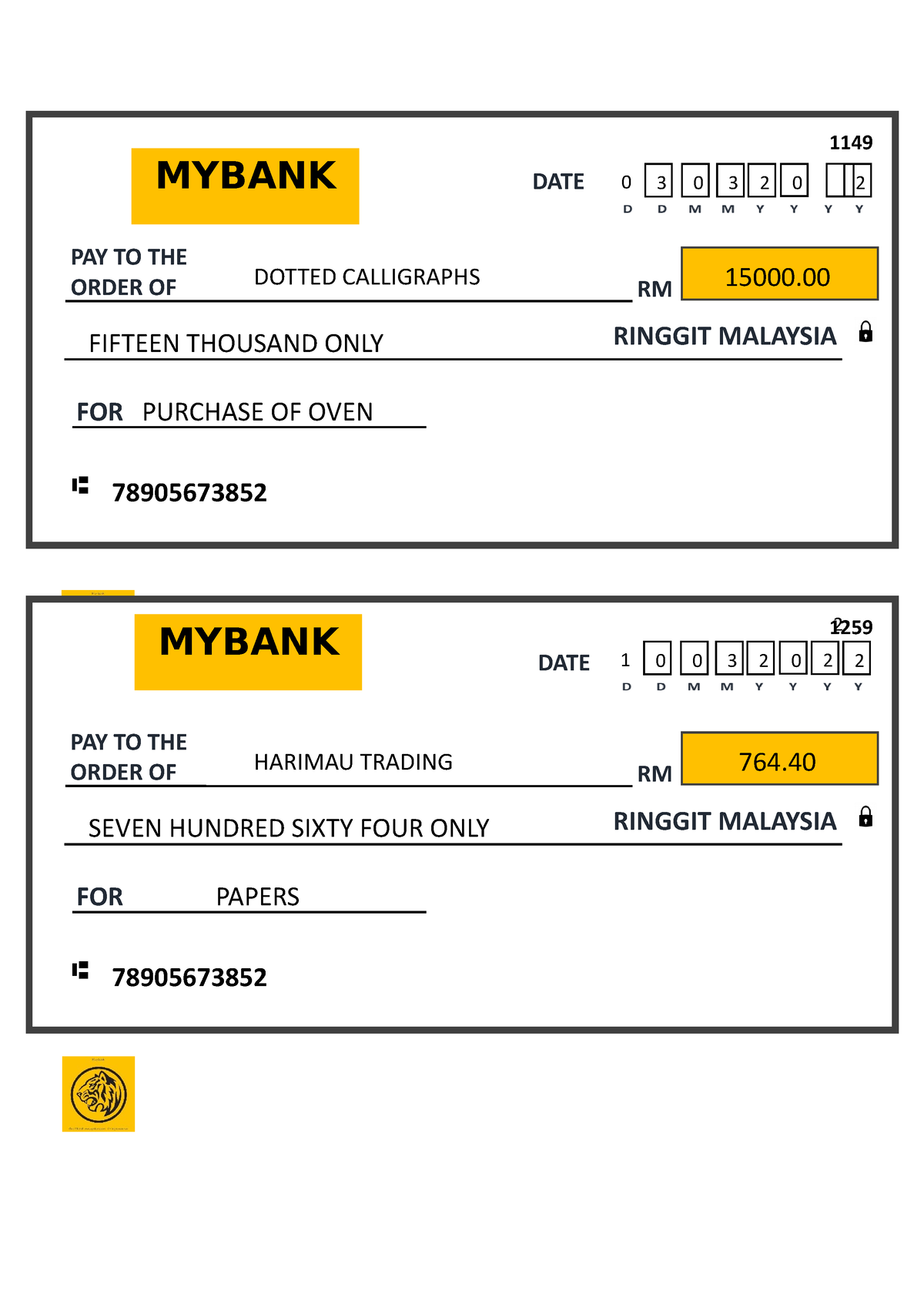 Cheque - group - PAY TO THE ORDER OF FOR RINGGIT MALAYSIA RM 1149 ...