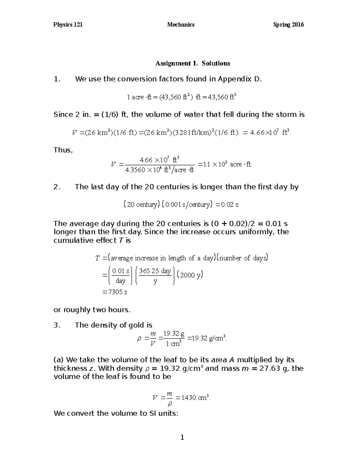 1Sol - weffwfw - Assignment 1. Solutions We use the conversion factors ...