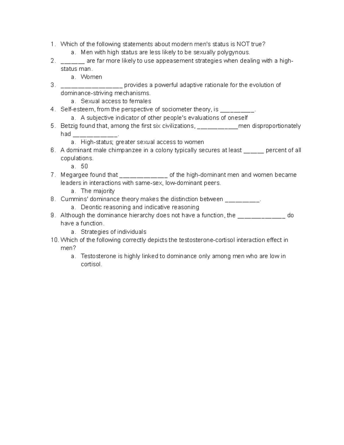 Quiz 12 - Evolutionary Psychology Quiz 12 - Which Of The Following 