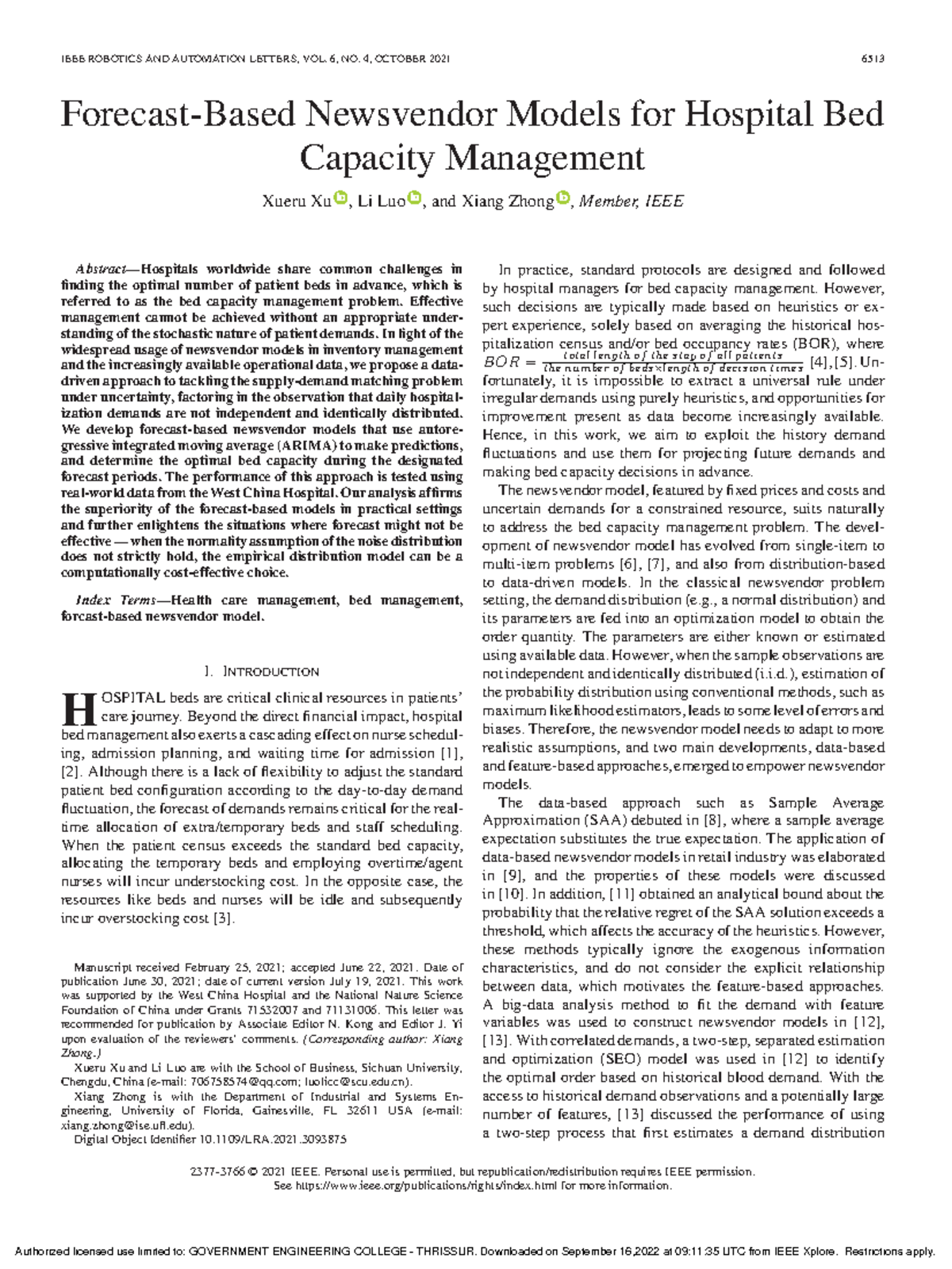 ForecastBased Newsvendor Models for Hospital Bed Capacity Management