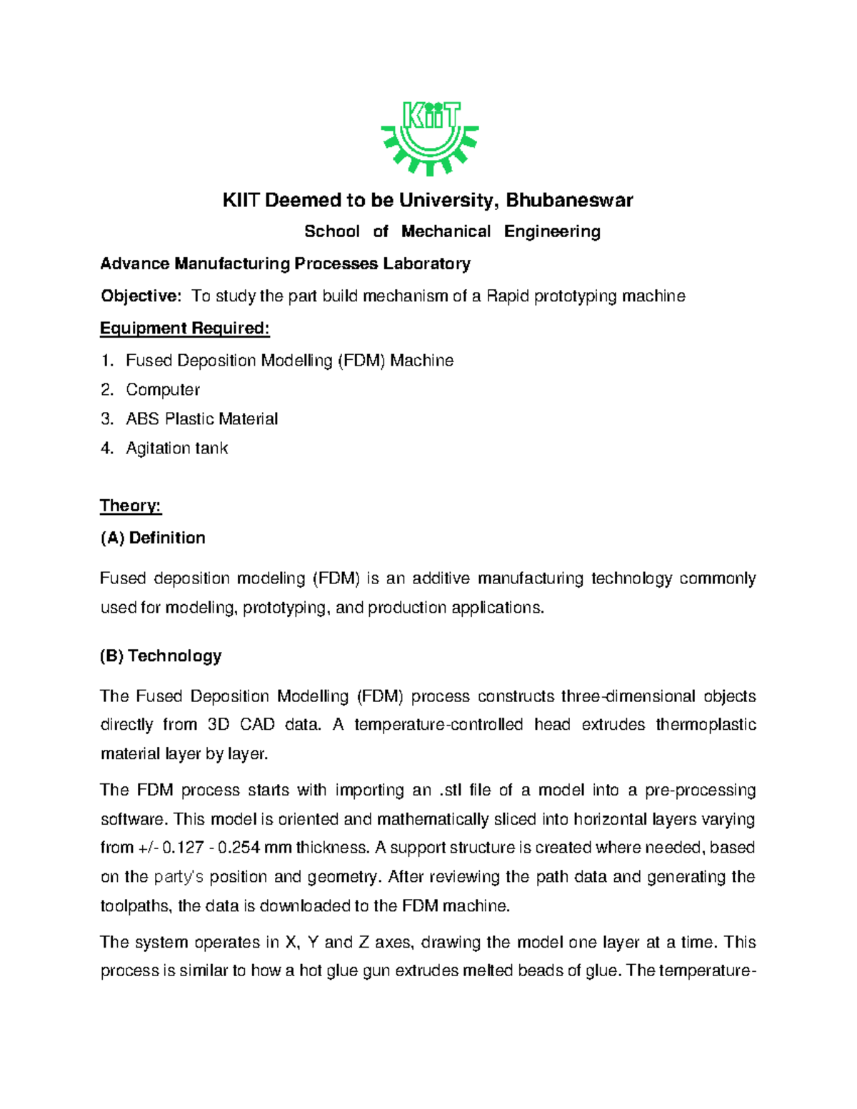 Experiment8 (Rapid Prototyping Machine) Advanced Manufacturing