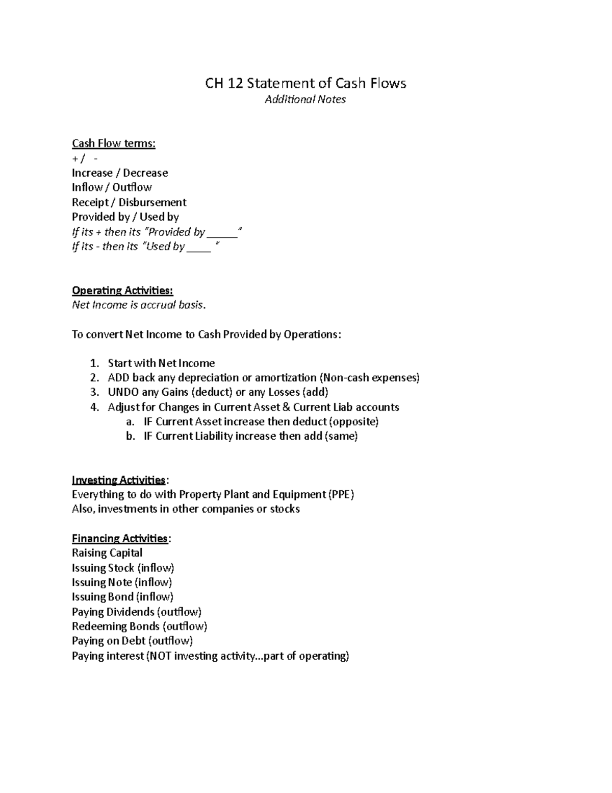 CH12 Prof Hart Overview - CH 12 Statement Of Cash Flows Additional ...