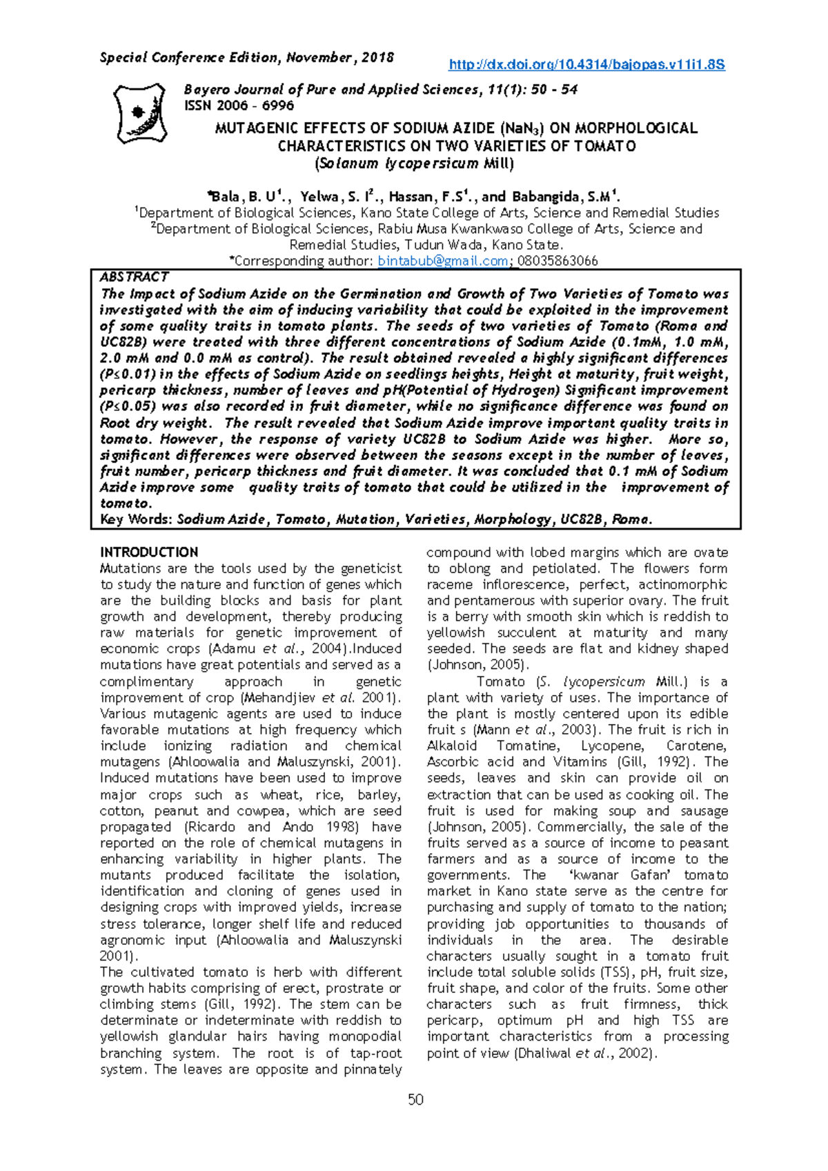 Mutagenic Effects OF Sodium Azide (Na N3) ON Morphological - Bayero ...