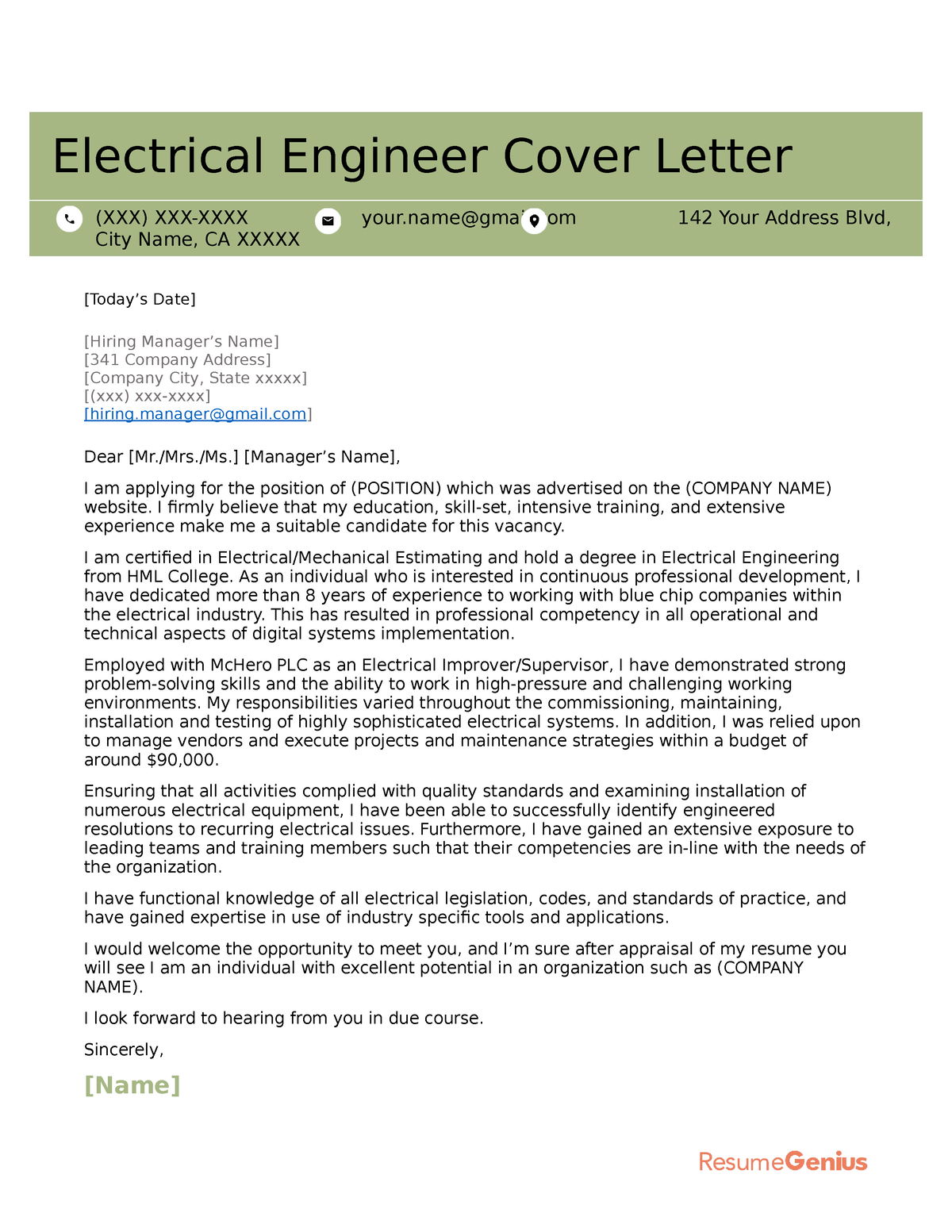 Electrical engineer cover letter example - Electrical Engineer Cover ...