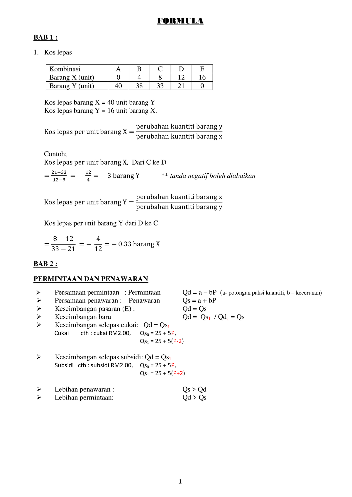 Formula Mengikut BAB Mikroekonomi - FORMULA BAB 1 : Kos Lepas Kombinasi ...