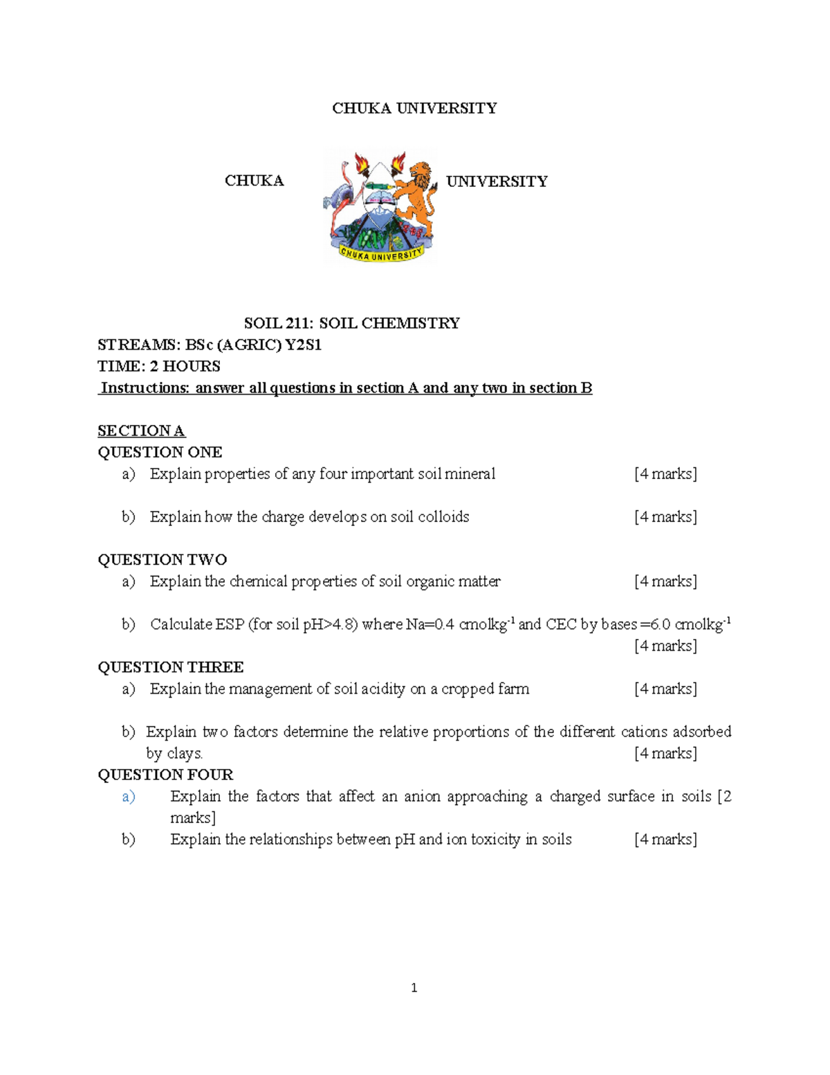 Exam soil 211 march 2021 CHUKA UNIVERSITY SOIL 211 SOIL CHEMISTRY