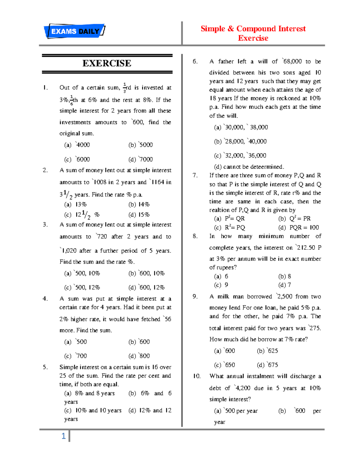 NMAT Simple-Compound-Interest-Exercise - Exercise EXERCISE Out of a ...