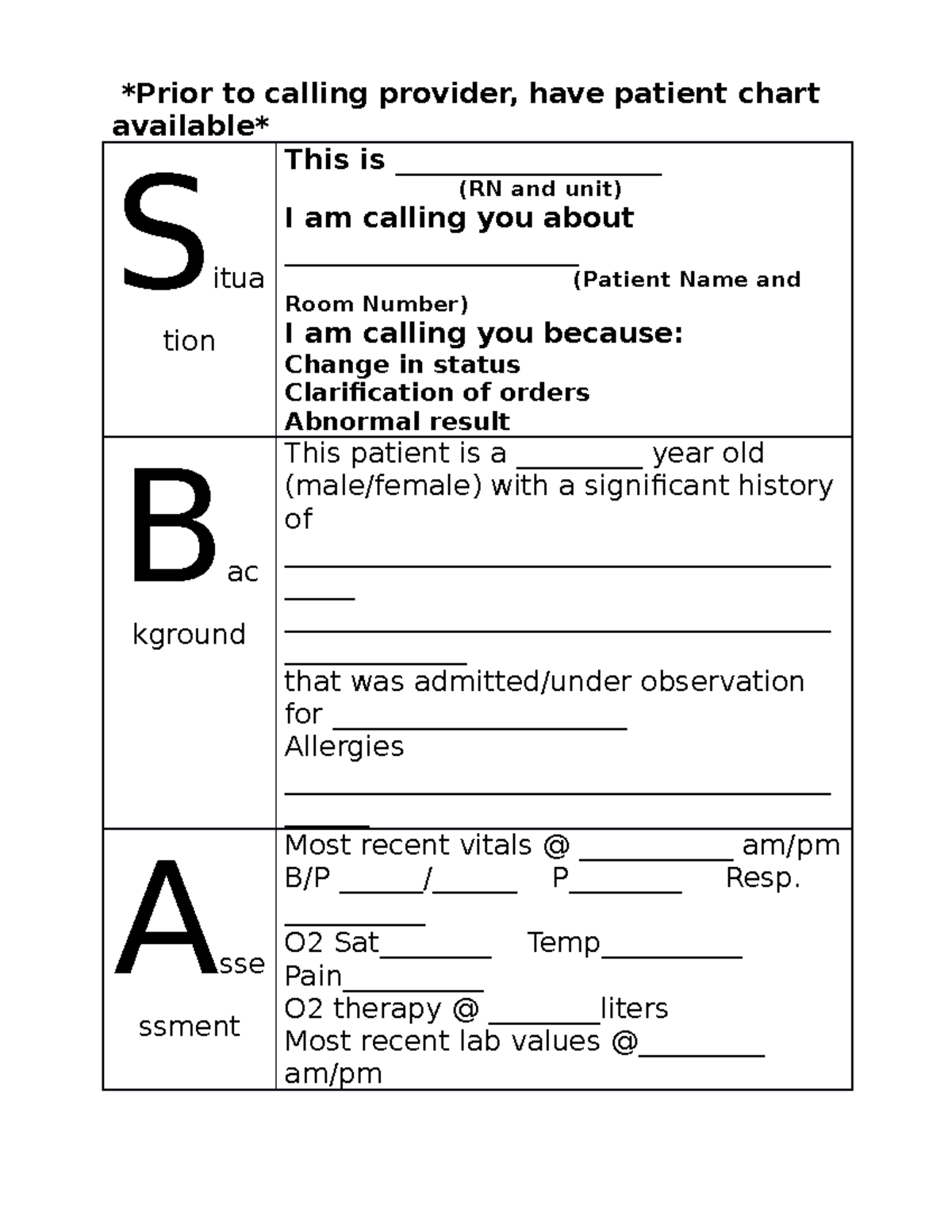 SBAR - SBAR - Prior to calling provider, have patient chart available ...