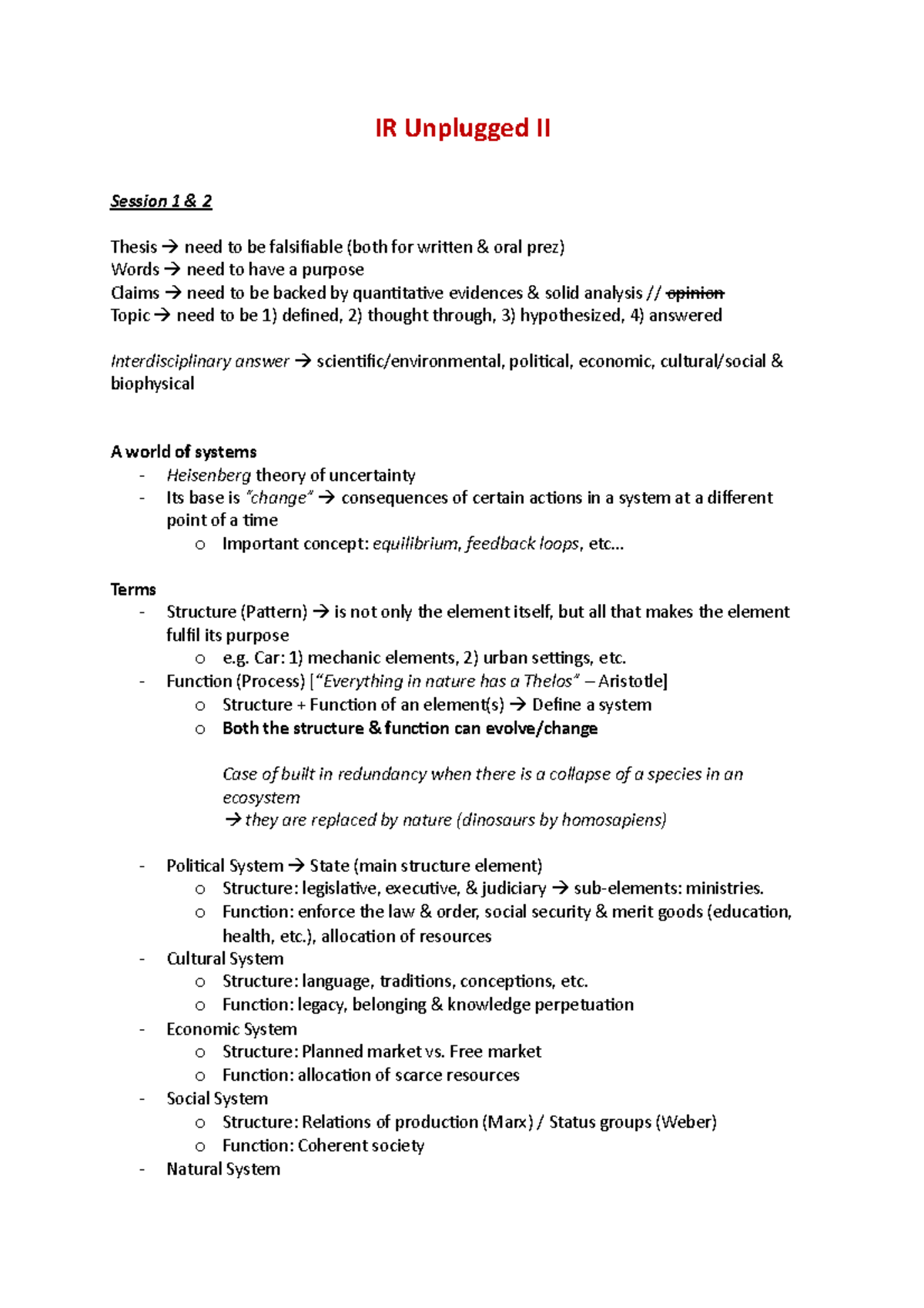 IR Unplugged II - Class notes - IR Unplugged II Session 1 & 2 Thesis ...
