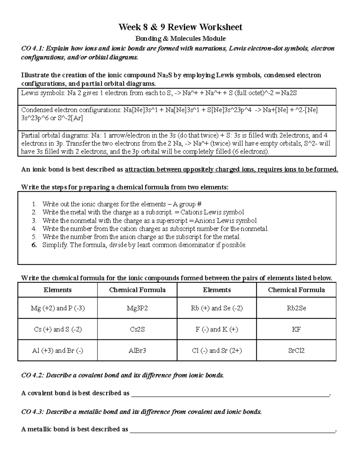 Week 8 and 9 Worksheet - Week 8 & 9 Review Worksheet Bonding ...