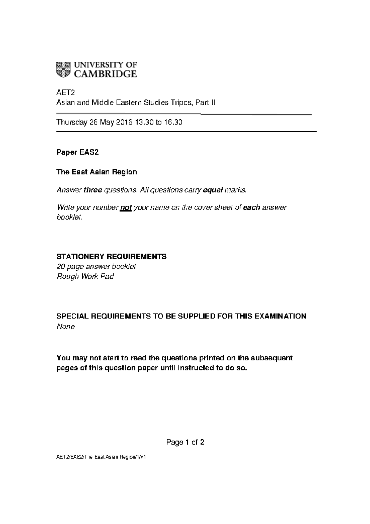 Exam 2016, questions - Page 1 of 2 AET2/EAS2/The East Asian Region/1/v ...